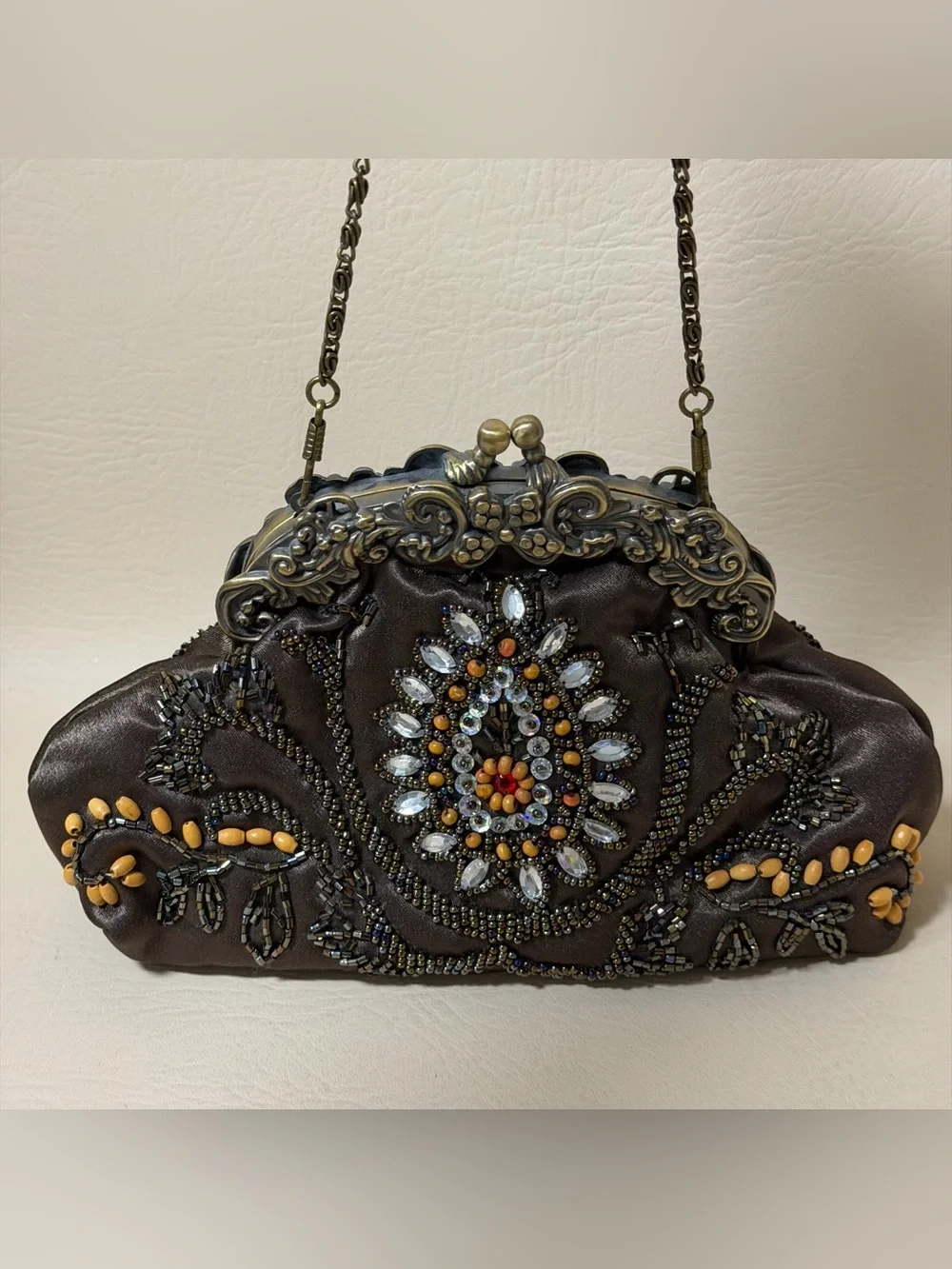 Giftcraft  Beaded Evening Bag Bronze Tone Floral Embellished Clutch Purse
